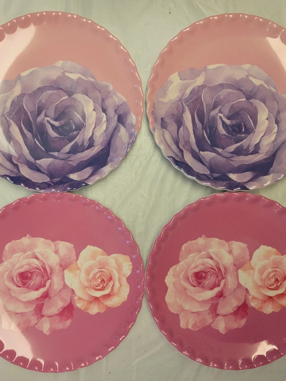 Jolie Fleur Salad Plates Cabbage Roses Spring Pink Melamine Set Of 4 Scalloped